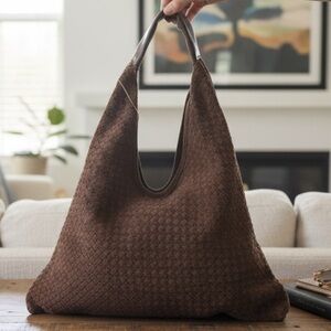 Chocolate Brown Woven Suede Slouchy Hobo Shoulder Bag